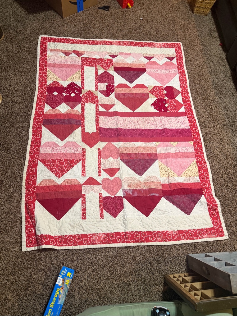 Vintage Handmade Pink and Red Heart Quilt - Home Bedding